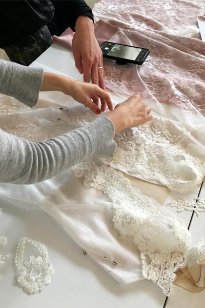 Choosing fabrics for a custom wedding dress by Angela Kim