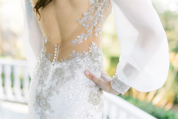 Detail shot of Lauren's custom bridal dress from Angela Kim Couture