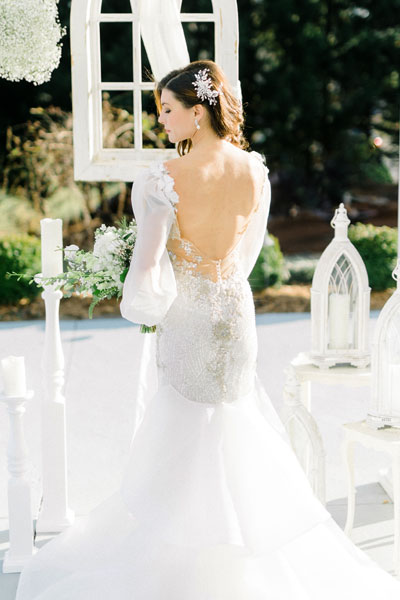 Beautiful U backed wedding dress with organza sleeves from Angela Kim Couture