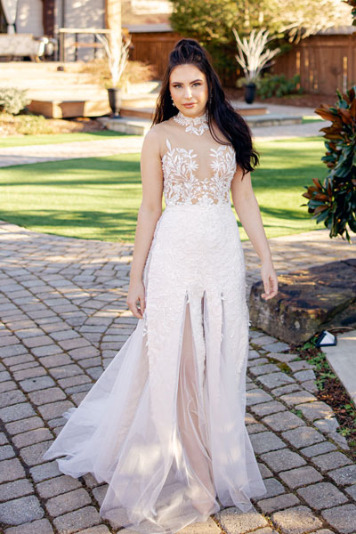 Masha wearing an elegant illusion tulle wedding dress from Angela Kim Couture