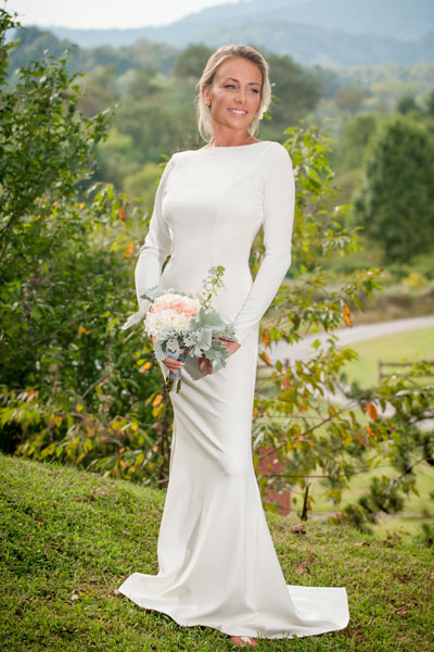 Petite bride Heidi wearing her sheath wedding dress from Angela Kim Couture