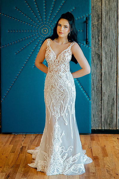 Masha in a sexy lace wedding gown from Angela Kim Couture