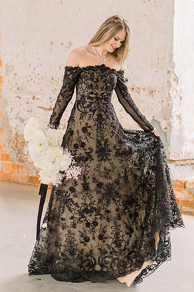 Payton in a black lace wedding dress