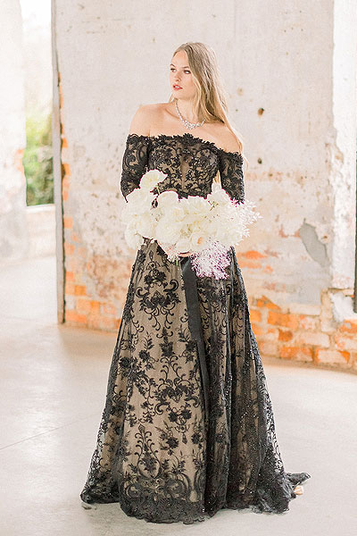 Payton in her custom black wedding gown from Angela Kim Couture