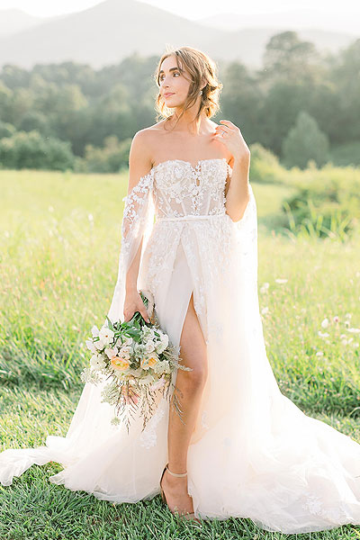 Rebekah wearing her custom petite wedding dress from Angela Kim Couture
