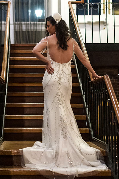 Sherri's beautiful custom wedding dress from the back