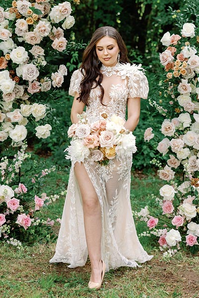 Masha walking with her wedding bouquet