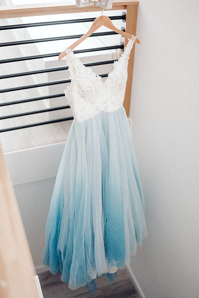 Taylor's custom dyed blue and white wedding dress