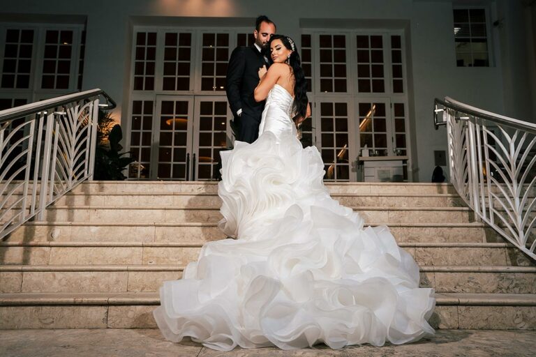Chelsea's wedding gown features an organza skirt and satin bodice