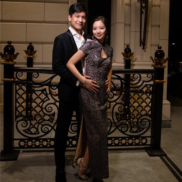 Candy wearing her custom qipao wedding gown