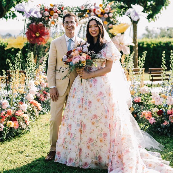 Samantha wearing her custom floral bridal gown
