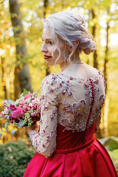 Back detail of Sunny's custom red wedding gown