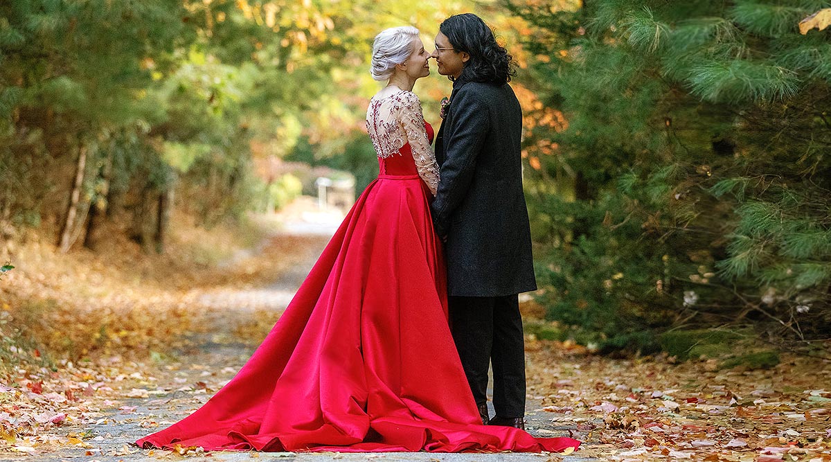 Sunny in her red custom wedding gown with Eduardo