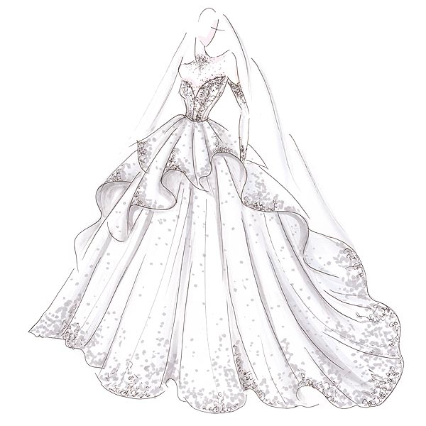 Bridal designer's sketch of a custom wedding gown