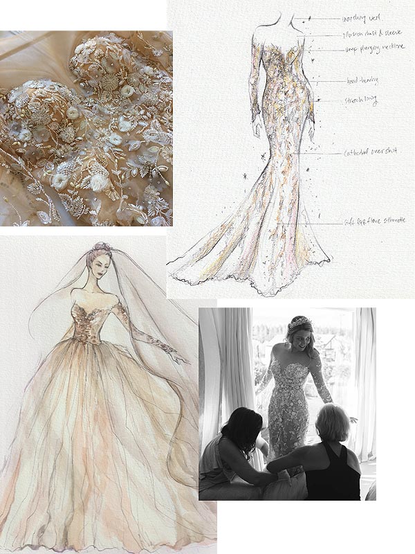 Mood board and sketches for Breigh's custom wedding gown.